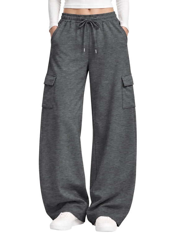 Womens Cargo Sweatpants Wide Leg Baggy Sweatpants Casual Drawstring Pants with Pockets Loose Lounge Pants