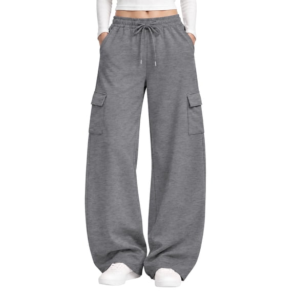 TEMOFON Womens Cargo Sweatpants Wide Leg Baggy Sweatpants Casual Drawstring Pants with Pockets Loose Lounge Pants
