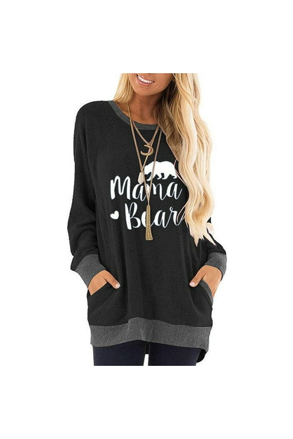 Womens Casual Color Block Tunic Tops Long Sleeve T Shirts Round Neck With Pocket Blouses Black Sweatshirts