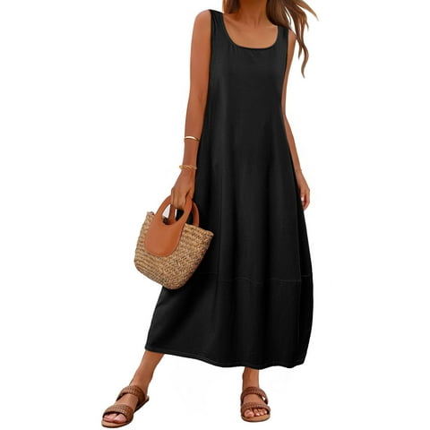Womens Casual Maxi Sundress Summer Beach Dress Scoop Neck Sleeveless Loose Tank Dresses with Pockets