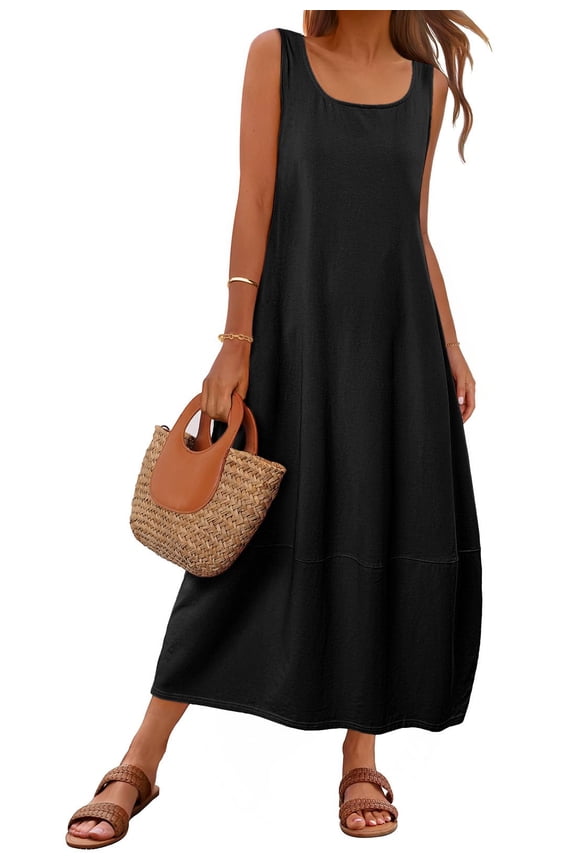 Womens Casual Maxi Sundress Summer Beach Dress Scoop Neck Sleeveless Loose Tank Dresses with Pockets