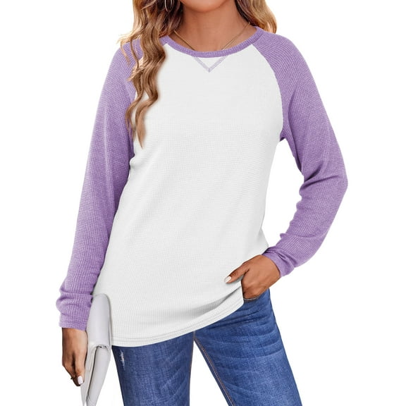 TEMOFON Womens Long Sleeve Shirts Casual Sweatshirts Fall Color Block Long Sleeve Cute Tops Crewneck Waffle Raglan Sweatshirt L