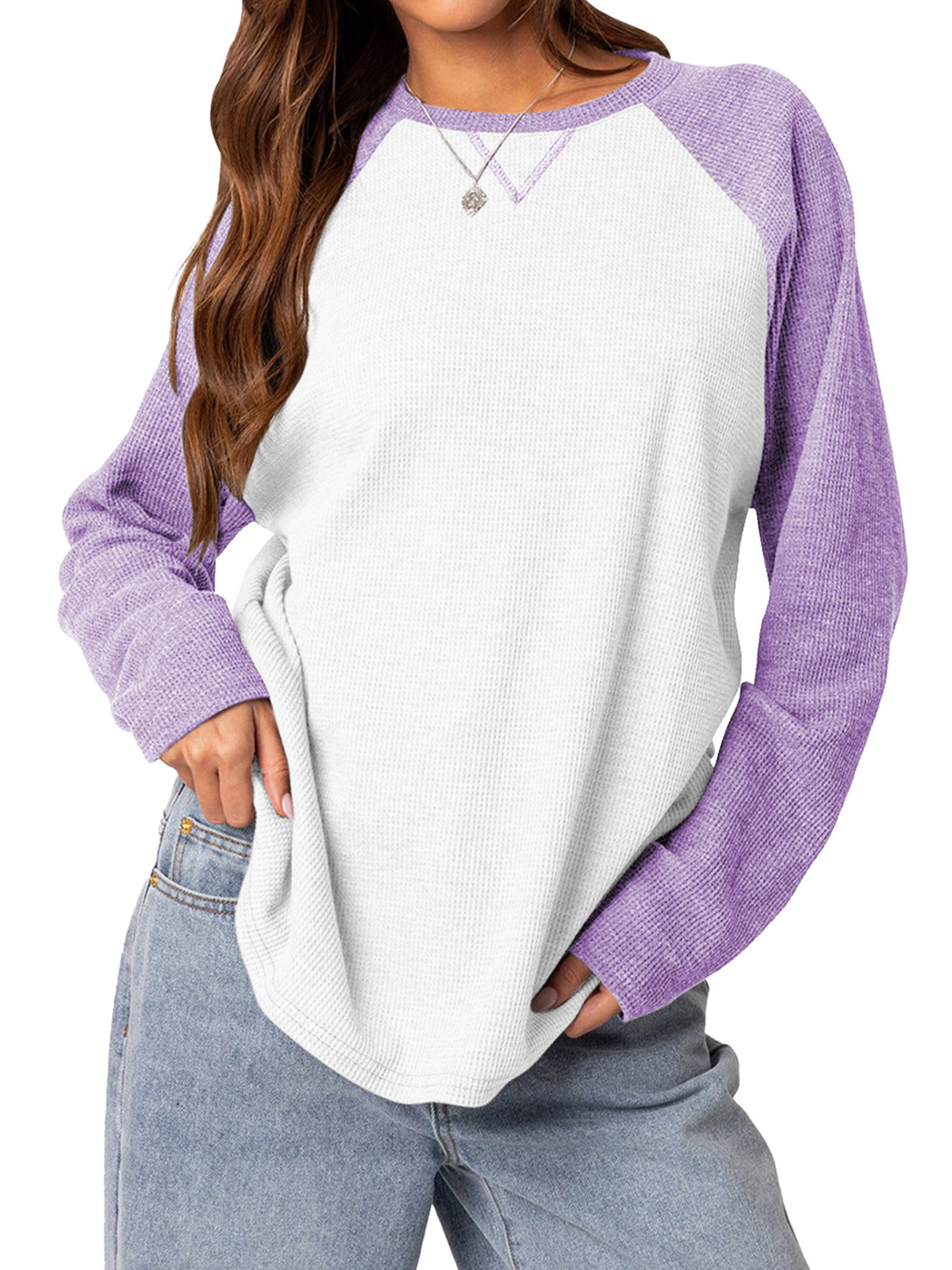 Womens Long Sleeve Shirts Casual Sweatshirts Fall Color Block Long Sleeve Cute Tops Crewneck Waffle Raglan Sweatshirt L