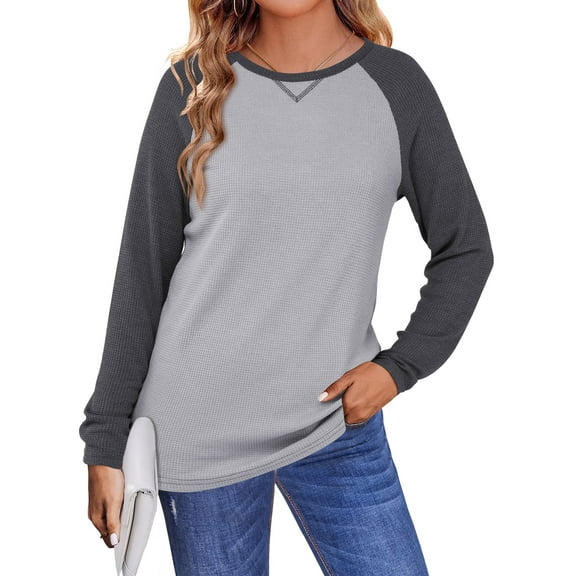 TEMOFON Womens Long Sleeve Shirts Casual Sweatshirts Crewneck Color Block Tops Loose Waffle Fashion Pullover Sweatshirt L