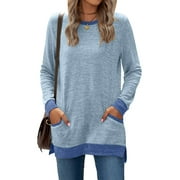 TEMOFON Women Long Sleeve Shirts Crewneck Tunic Tops Fall Casual Loose Sweatshirts Trendy Side Split Loose Shirtss for Women