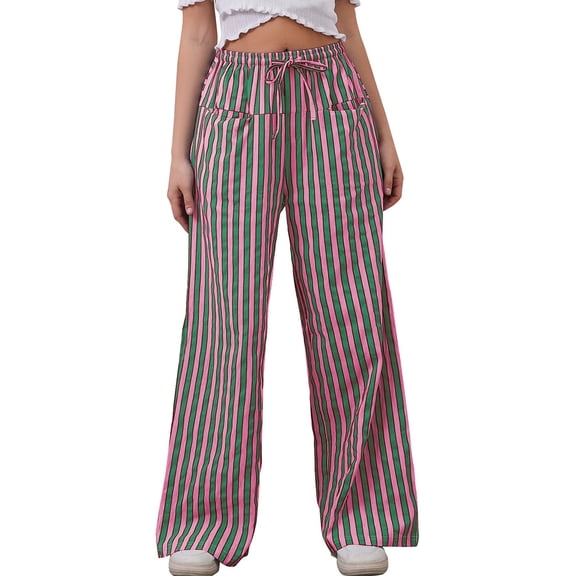 TEMOFON Women Drawstring Striped Pants Palazzo Wide Leg Trousers Casual High Waist Pants Comfy Oversize Lounge Pants with Pockets