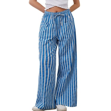 TEMOFON Pants for Women High Waist Wide Leg Pants Casual Palazzo Drawstring Striped Trousers Loose Oversize Lounge Pants with Pockets