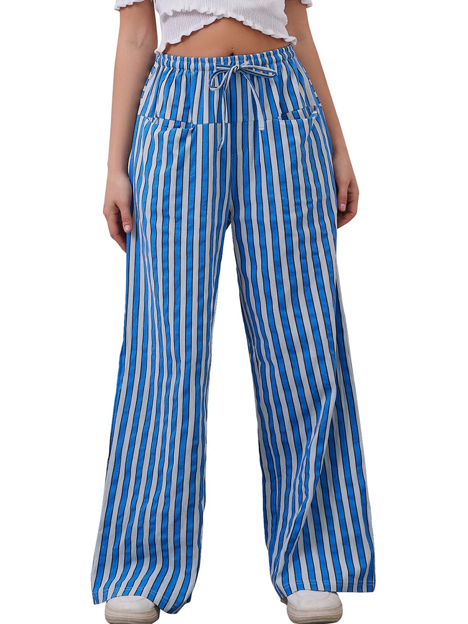 Pants for Women High Waist Wide Leg Pants Casual Palazzo Drawstring Striped Trousers Loose Oversize Lounge Pants with Pockets