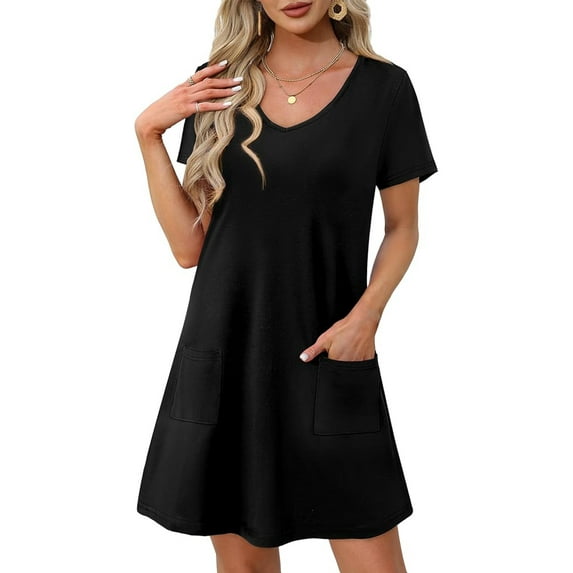 TEMOFON Womens Dresses Summer Beach Dresses for Women Black Scoop Neck Short Sleeve Casual Dresses with Pockets T Shirt Dresses S