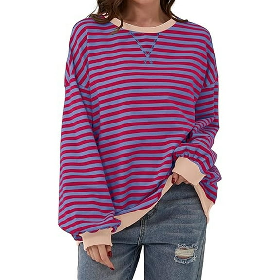 TEMOFON Womens Fall Tops Crewneck Oversized Sweatshirt Striped Color Block Tops Casual Long Sleeve Shirts Loose Pullover Sweaters Trendy T Shirts