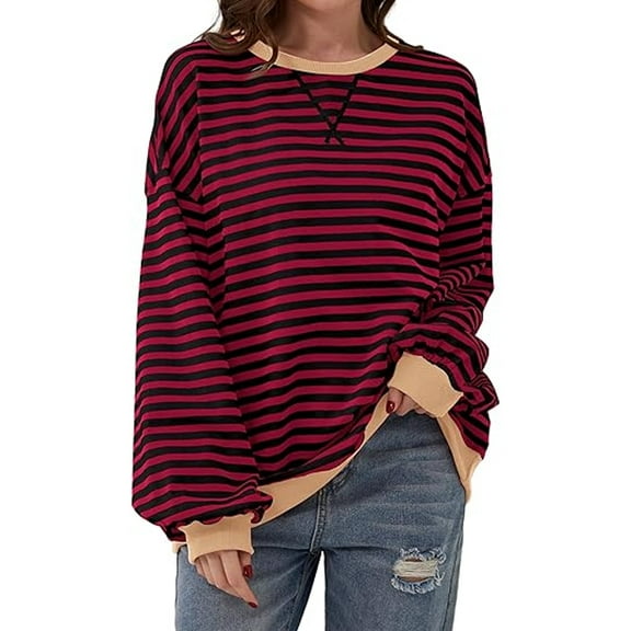 TEMOFON Womens Fall Tops Crewneck Oversized Sweatshirt Striped Color Block Tops Casual Long Sleeve Shirts Loose Pullover Sweaters Trendy T Shirts