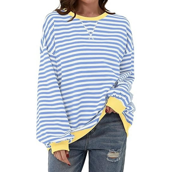 TEMOFON Womens Fall Tops Crewneck Oversized Sweatshirt Striped Color Block Tops Casual Long Sleeve Shirts Loose Pullover Sweaters Trendy T Shirts