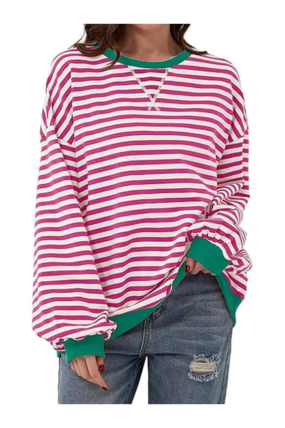 Womens Fall Tops Crewneck Oversized Sweatshirt Striped Color Block Tops Casual Long Sleeve Shirts Loose Pullover Winter Trendy T Shirts Outfits Size XL