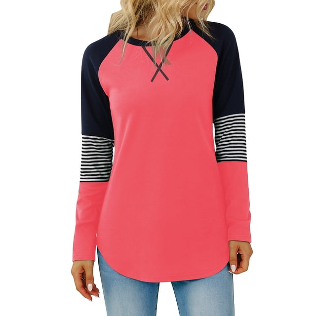 TEMOFON Womens Sweatshirts Fashion Crewneck T Shirts Color Block Tunic Tops Casual Winter Striped Long Sleeve Shirts