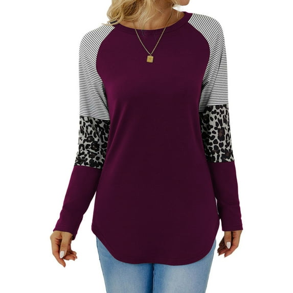 TEMOFON Long Sleeve T Shirts for Women Fall Fashion Leopard Color Block Tunic Sweatshirts Stripe Crewneck Tops Raglan Pullover