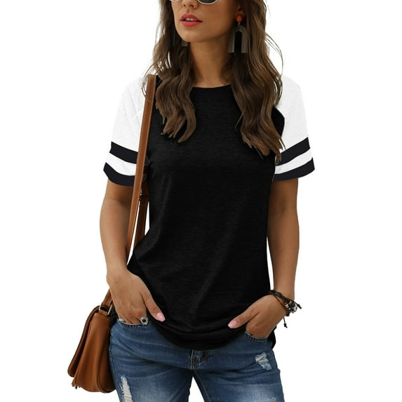 TEMOFON Womens Fashion Summer T-shirt Color Block Shirts for Women Going Out Tops for Woman Black Tee