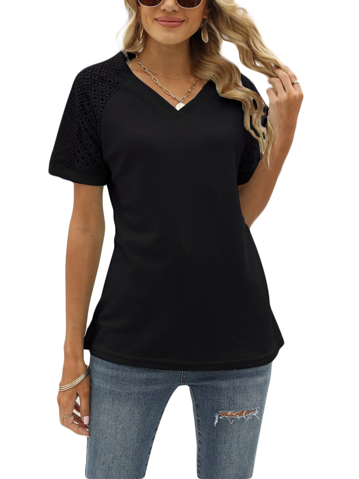  Tuianres Womens T Shirts Summer Short Sleeve Crew Neck Shirts  Trendy Stripe Print 2023 Basic Tee Tops Blouse : ביגוד, נעליים ותכשיטים