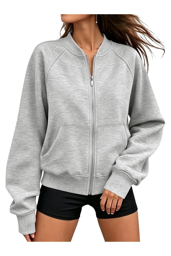 Jackets for Women Fleece Zip Up Jacket Womens Casual Bomber Fall Jacket Long Sleeve Gray Sweatshirts with Pockets L