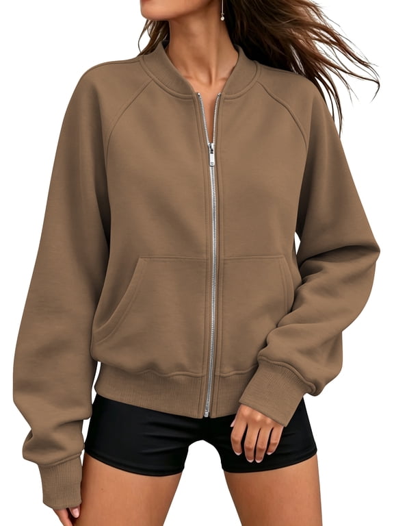Jackets for Women Fleece Zip Up Jacket Womens Casual Warm Comfortable Soft Outerwear Bomber Brown Winter Sweatshirts Jacket L