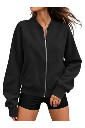 Jackets for Women Fleece Zip Up Jacket Womens Bomber Lightweight Long Sleeve Jacket Black Soft Sweatshirts with Pockets L