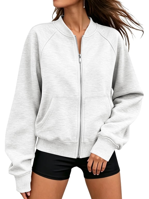 Jackets for Women Fleece Zip Up Jacket Womens Long Sleeve Mock Neck Jackets Warm Everyday Loose Fit Grey Sweatshirt L
