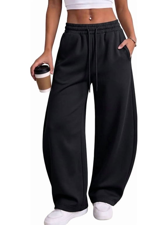 Womens Fleece Lined Barrel Leg Sweatpants High Waisted Thermal Lounge Pants with Pockets