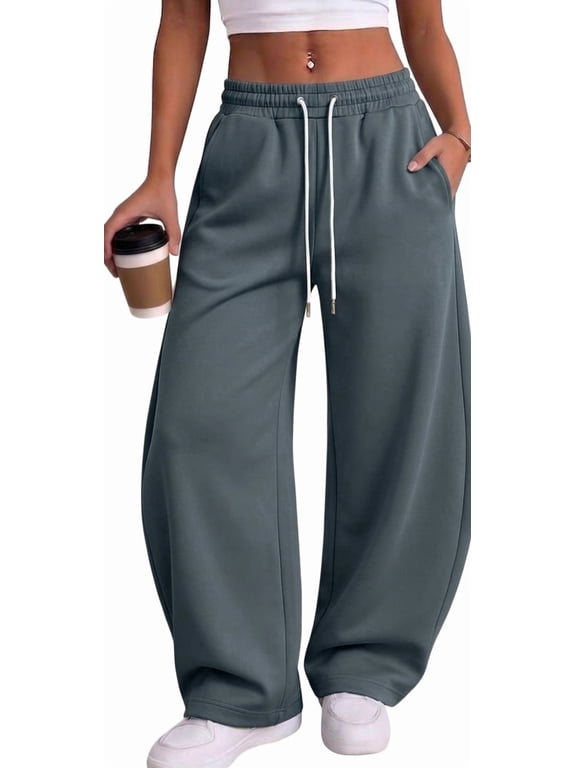 Womens Fleece Lined Barrel Leg Sweatpants High Waisted Thermal Lounge Pants with Pockets