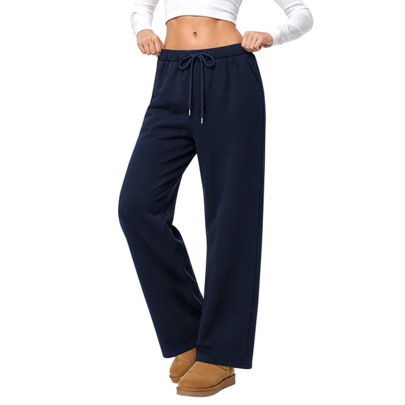 Temofon Fleece Lined Sweatpants for Women Casual Baggy Drawstring Sweatpants Cotton Elastic Dark Blue Lounge Pants S