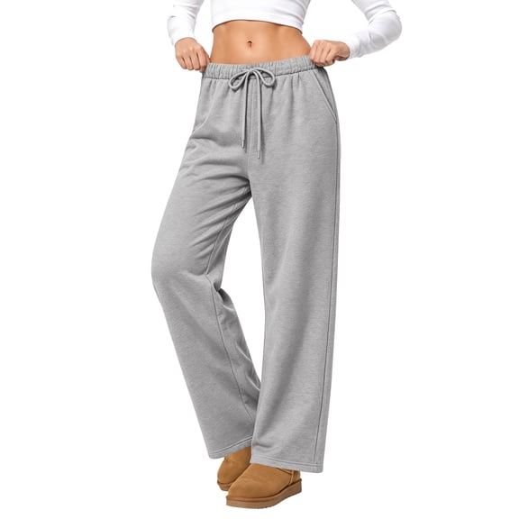 Temofon Fleece Lined Sweatpants for Women Wide Leg Cotton Thick Women Sweatpant Casual Baggy Gray Pants with Pockets L