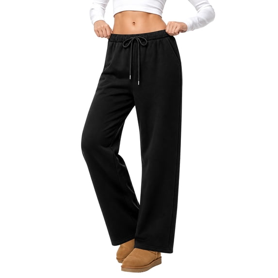 Temofon Fleece Lined Sweatpants for Women Cotton Wide Leg Soft Lounge Pants Black Comfy Womens Sweatpant with Pockets M