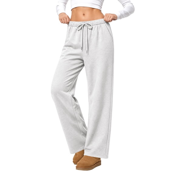 Temofon Fleece Lined Sweatpants for Women Wide Leg Casual Cotton Thick Lounge Pants Baggy Cozy Light Gray Sweatpants M