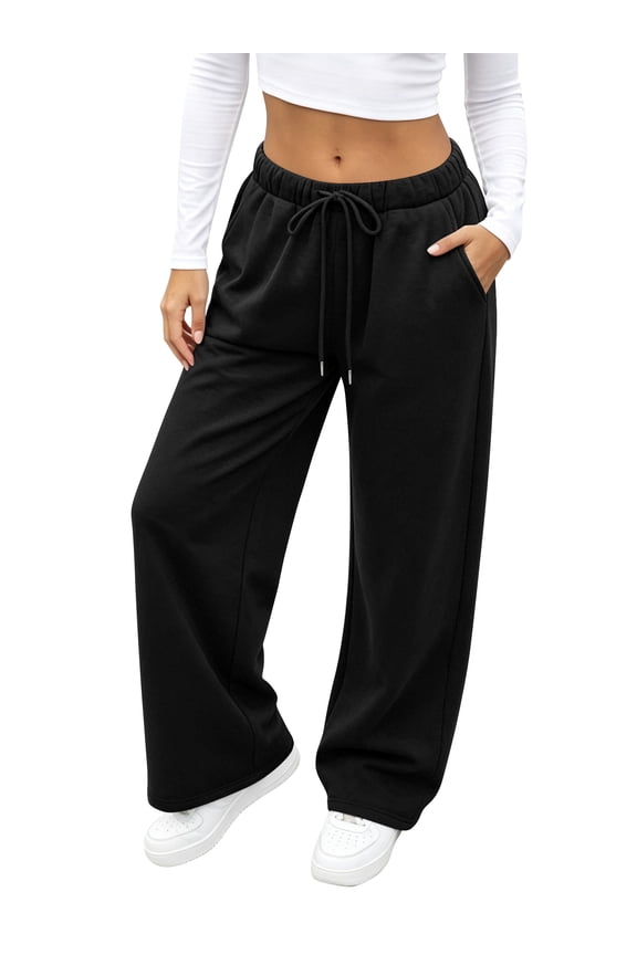 Womens Fleece Sweatpants Wide Leg High Waisted Baggy Pants Elastic Drawstring Sweatpant with Pockets