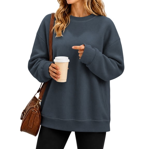 TEMOFON Sweatshirt for Women Fleece Lined Womens Sweatshirt Crewneck Long Sleeve Pullover Loose Fit Contrast Stitch Casual Fall Winter Top Navy L