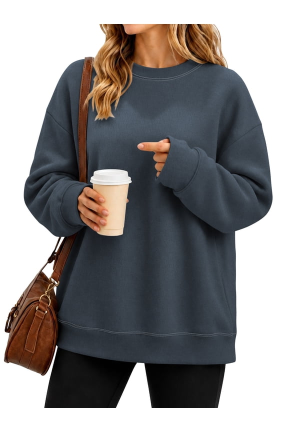 Sweatshirt for Women Fleece Lined Womens Sweatshirt Crewneck Long Sleeve Pullover Loose Fit Contrast Stitch Casual Fall Winter Top Navy L