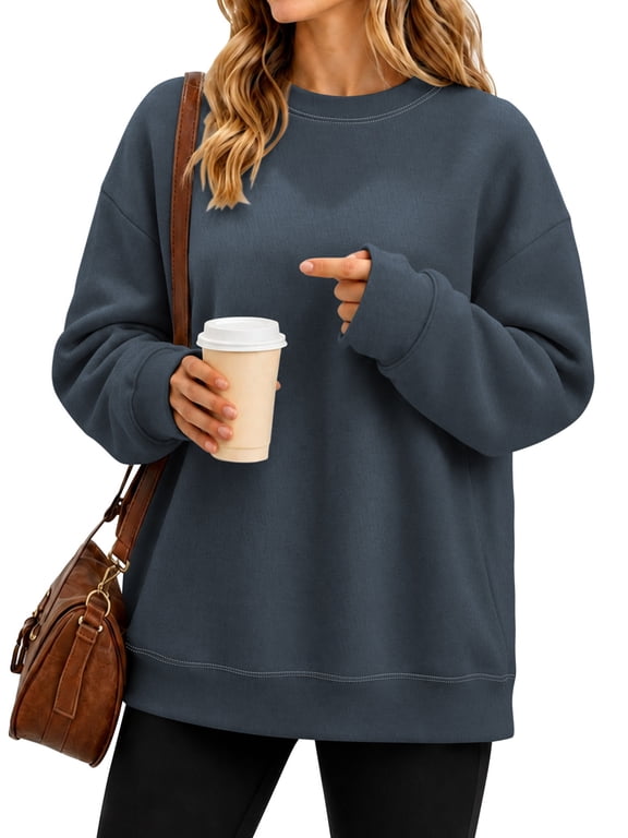 Sweatshirt for Women Fleece Lined Womens Sweatshirt Crewneck Long Sleeve Pullover Loose Fit Contrast Stitch Casual Fall Winter Top Navy M