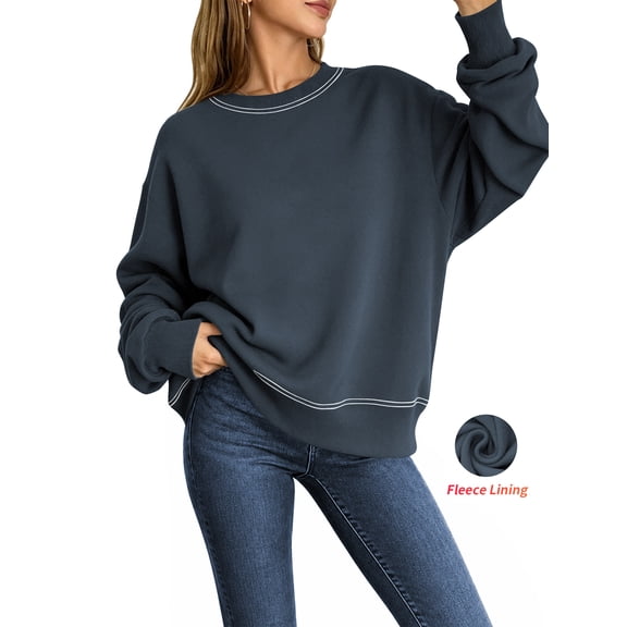 TEMOFON Sweatshirt for Women Fleece Lined Womens Sweatshirt Crewneck Long Sleeve Pullover Loose Fit Contrast Stitch Casual Fall Winter Top Navy L