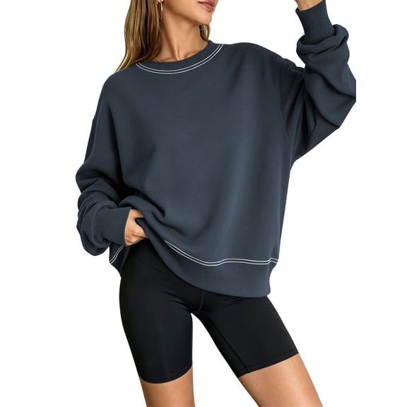 TEMOFON Sweatshirt for Women Fleece Lined Womens Sweatshirt Crewneck Long Sleeve Pullover Loose Fit Contrast Stitch Casual Fall Winter Top Navy L