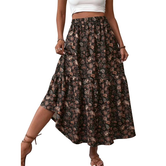 TEMOFON Womens Floral Print Maxi Skirt Boho Elastic High Waist Long Skirts for Women Trendy Summer Skirts