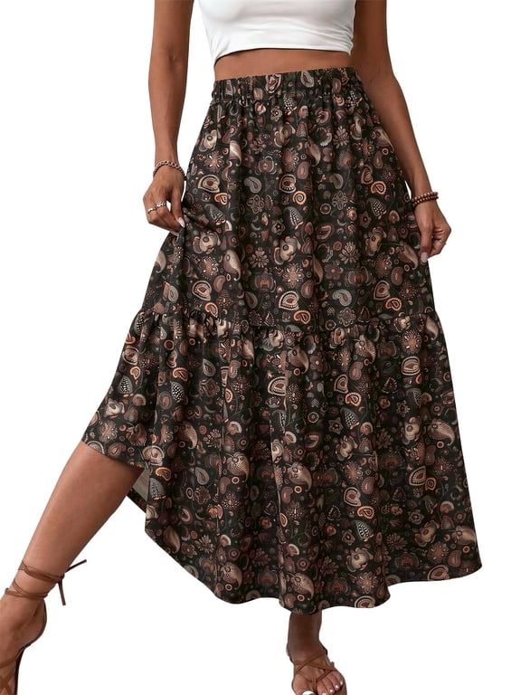 Womens Floral Print Maxi Skirt Boho Elastic High Waist Long Skirts for Women Trendy Summer Skirts