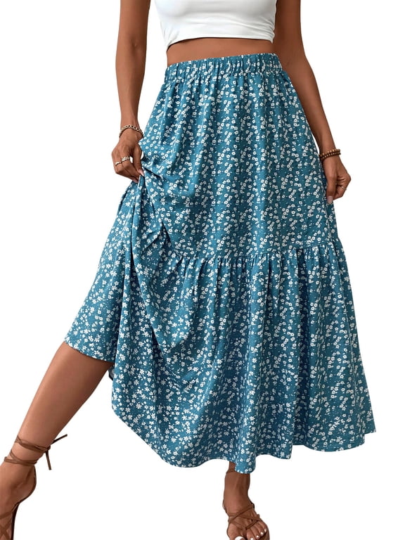 Womens Flowy Long Skirts Summer Beach Pleated Elastic High Waisted Casual Maxi Skirts