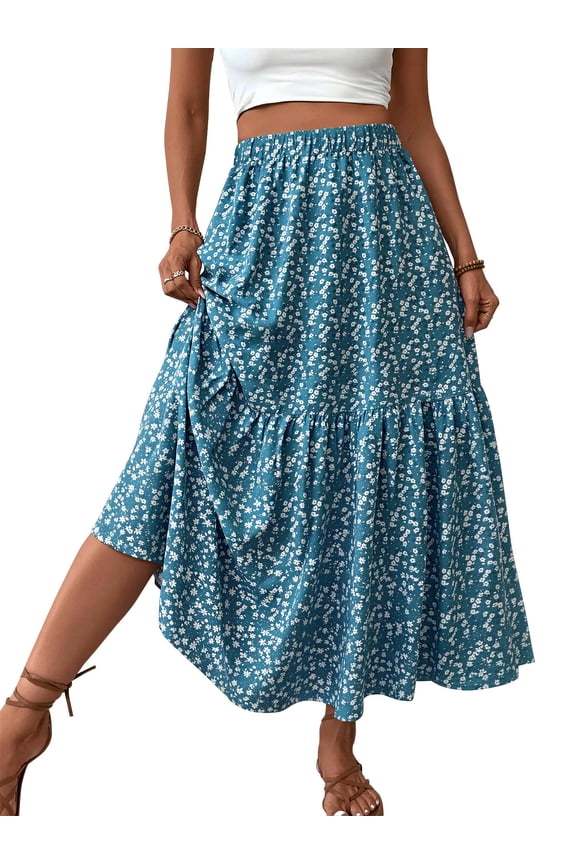 Womens Flowy Long Skirts Summer Beach Pleated Elastic High Waisted Casual Maxi Skirts