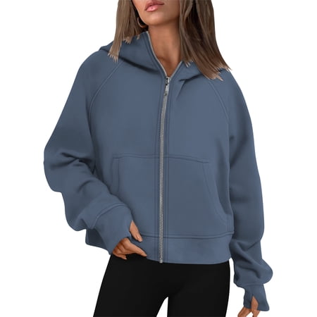 TEMOFON Womens Sweatshirts Full Zip Up Stand Collar Fleece Cropped Hoodie with Pockets Fall Casual Long Sleeve Sport Tops 2XL
