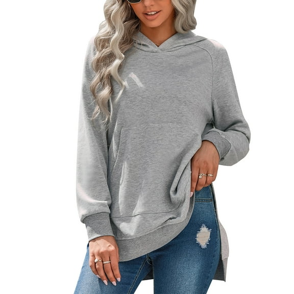 TEMOFON Womens Hoodie Long Sleeve Sweatshirts Casual Dressy Tops Winter Hooded with Kangaroo Pockets Lightgrey Pullover