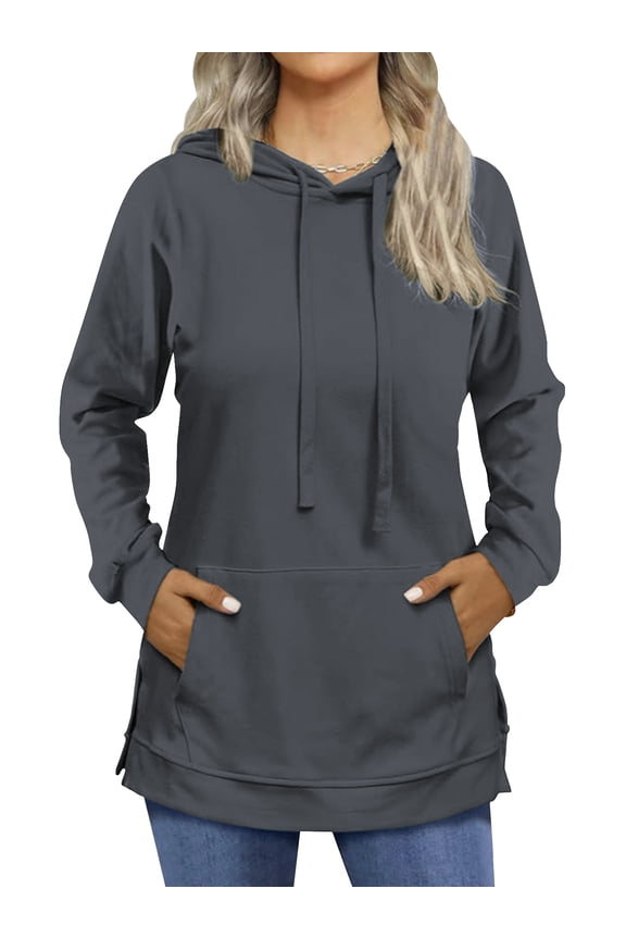 Womens Hoodies Drawstring Casual Long Sleeve Sweatshirts Fashion Split Hem Tops with Kangaroo Pockets