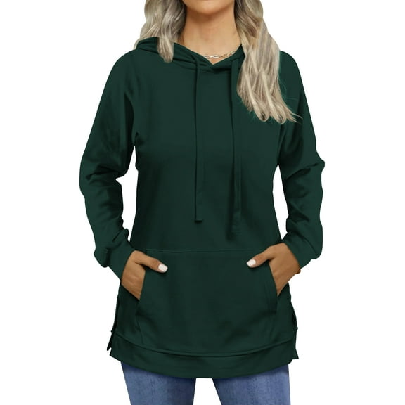 TEMOFON Womens Hoodies Fashion Split Hem Drawstring Casual Long Sleeve Sweatshirts Tops with Kangaroo Pockets