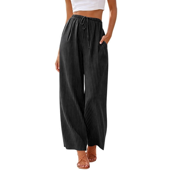 TEMOFON Womens Linen Blend Striped Pants High Waisted Wide Leg Casual Drawstring Pants with Pockets Beach Vacation Palazzo Trousers