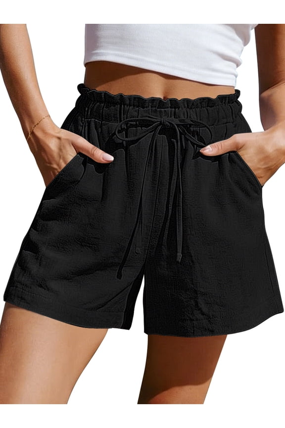 Womens Linen Shorts Summer Ruffle Waist Drawstring Wide Leg Pants with Pockets Casual Vacation Flowy Shorts L
