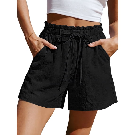 TEMOFON Womens Linen Shorts Summer Ruffle Waist Drawstring Wide Leg Pants with Pockets Casual Vacation Flowy Shorts S