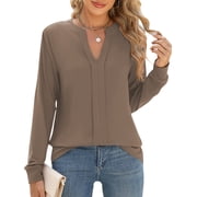TEMOFON Womens Long Sleeve Blouses Split V Neck Pleat Business Tops Solid Color Casual Loose Fit Work Shirts for Women 2XL