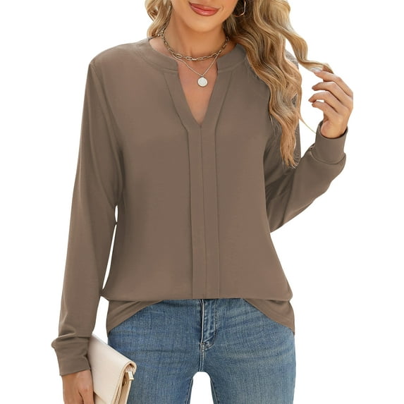TEMOFON Womens Long Sleeve Blouses Split V Neck Pleat Business Tops Solid Color Casual Loose Fit Work Shirts for Women XL